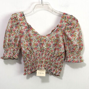 To My Lovers Floral Puff Sleeve Crop Top M Tie Back Smocked Summer Trendy NEW